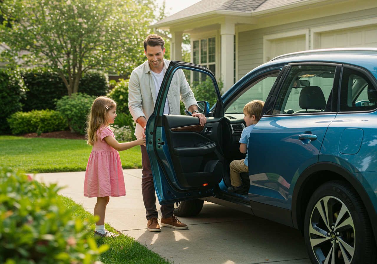 Happy family with their car - representing the peace of mind that comes with the right auto insurance coverage